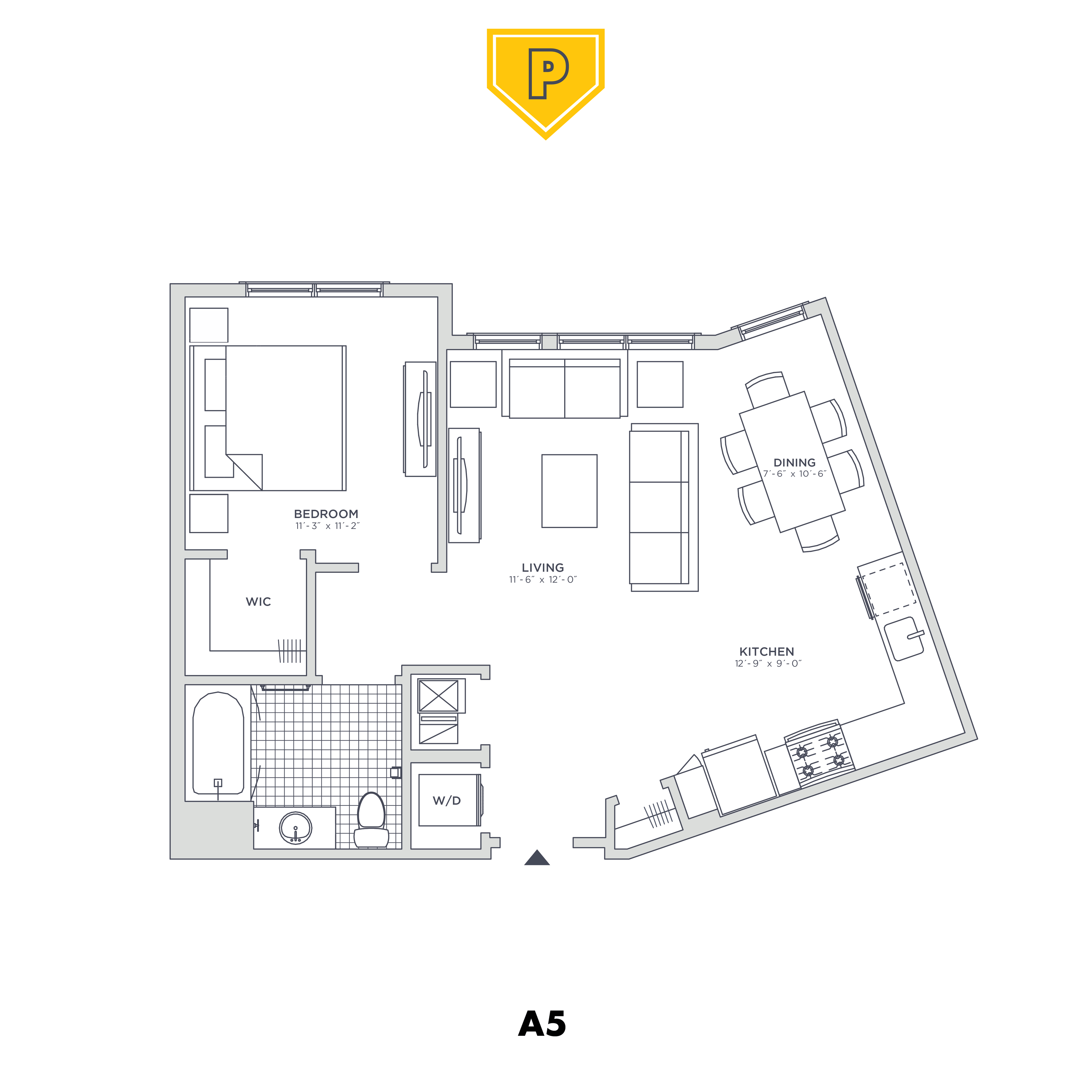 Floor plan for 1 bed, 1 bath, 732 sqft